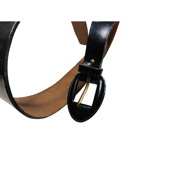1980s Black Leather Cinching Belt Leather Wrapped Oval Buckle Brass Hardware main image 5